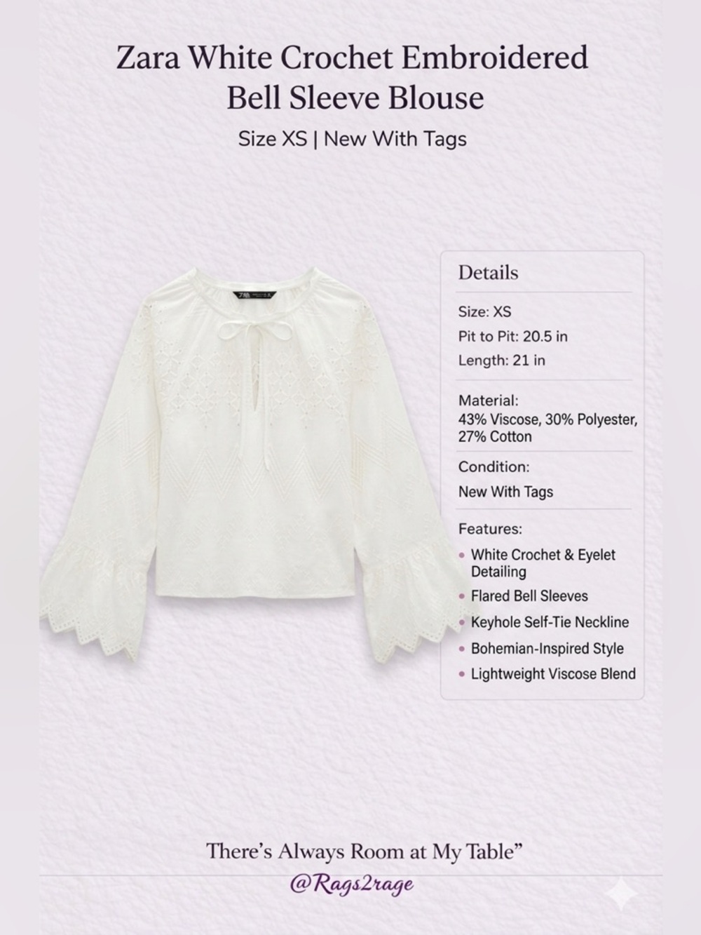 Zara White Embroidered Eyelet Bell Sleeve Boho Blouse NWT XS - Picture 3 of 10